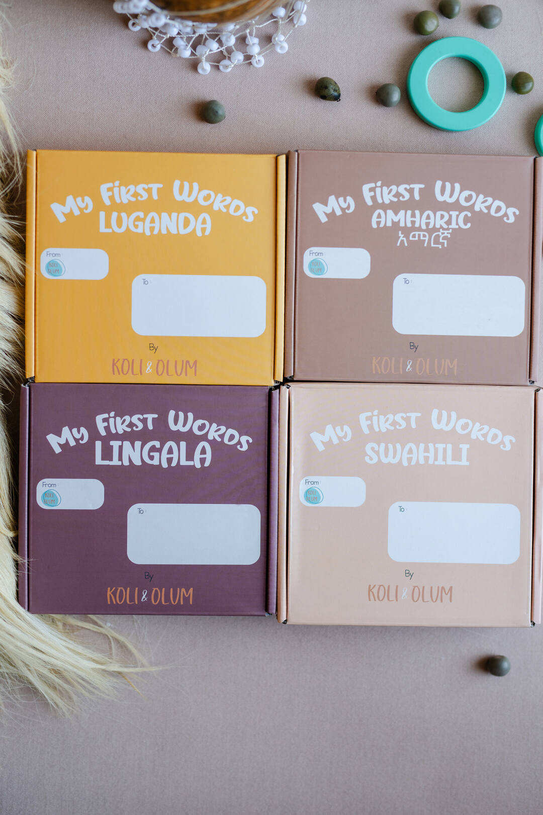 Rows of My First Words language boxes