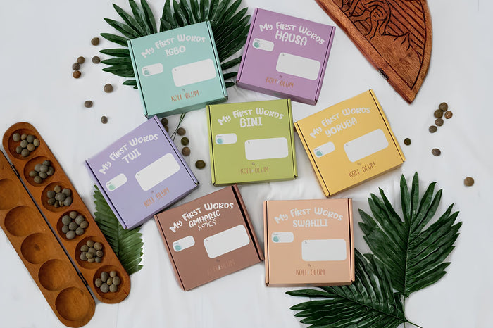 A wall of colorful My First Words box sets