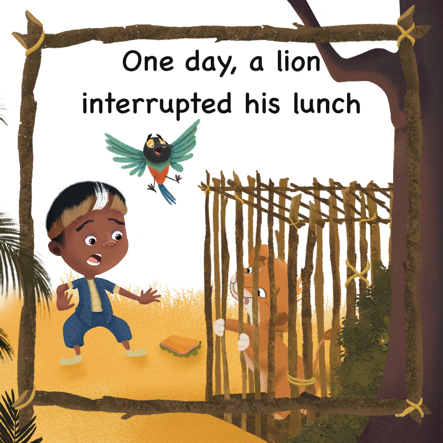 One day, a lion interrupted his lunch