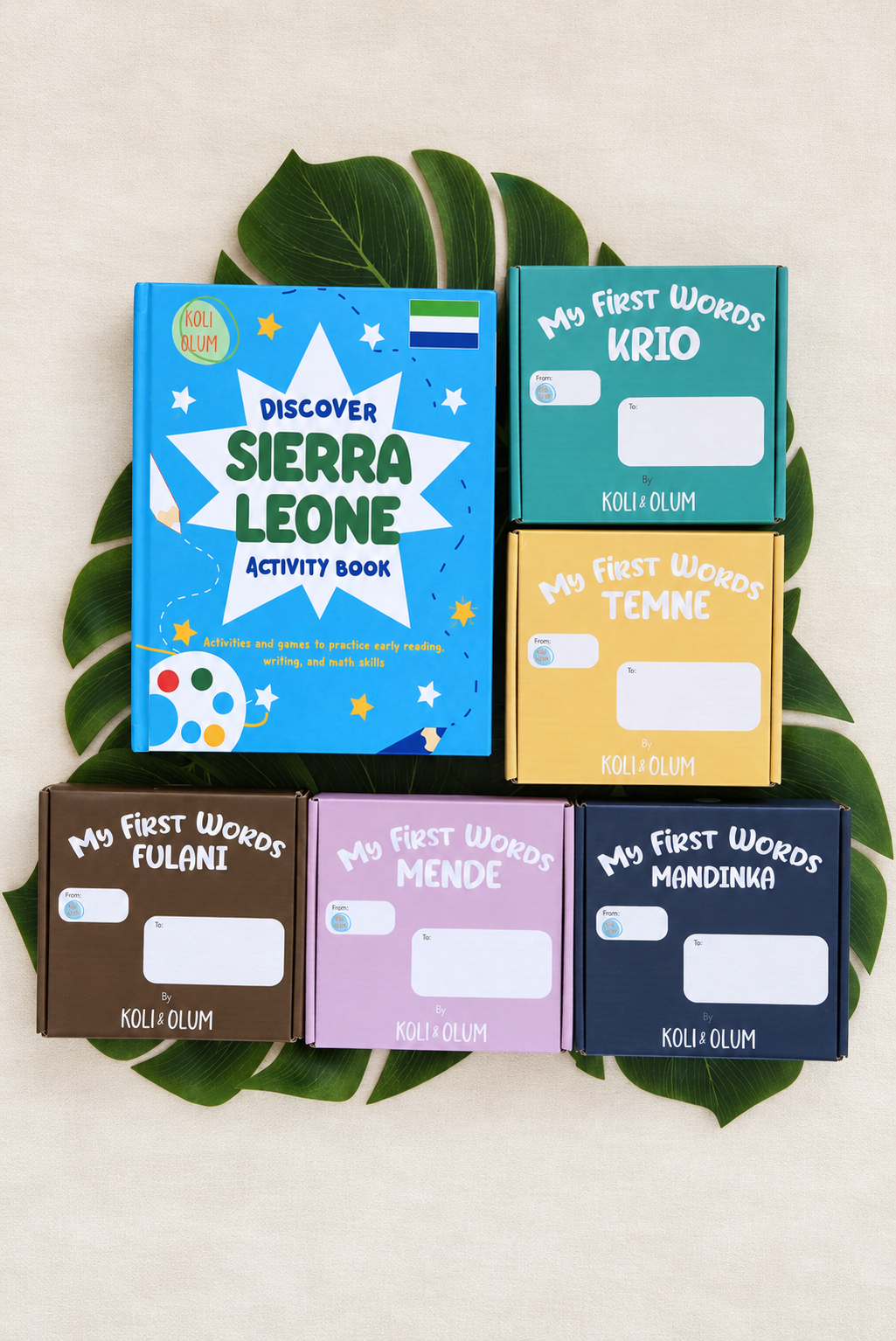 Discover Sierra Leone activity book with Krio, Temne, Fulani, Mende and Mandinka language sets